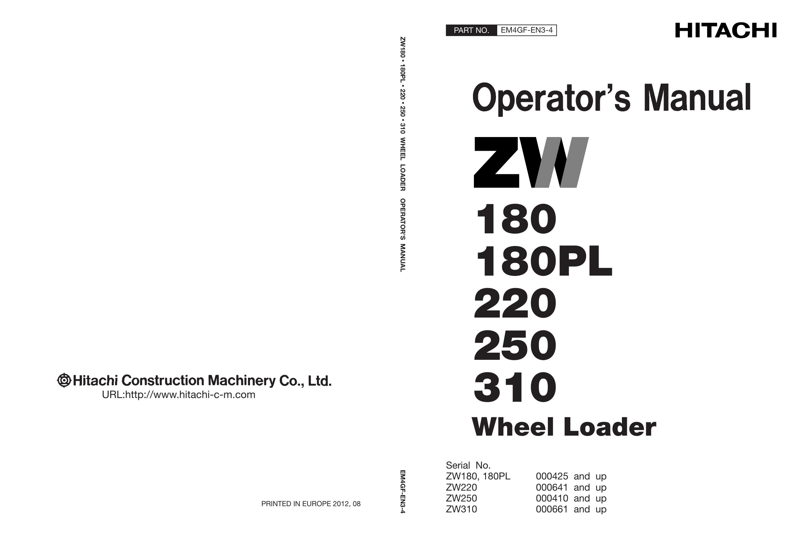 HITACHI Operator's Manual ZW180 ZW180PL ZW220 ZW250 ZW310 Wheel Loader